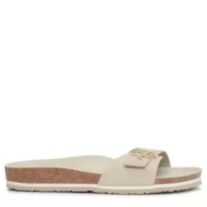Image of Tommy Hilfiger Suede Cork Flat Slide Sandals In Beige - Size 37