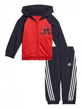 Image of Boys, adidas Infant Unisex Badge Of Sport Full Zip Hood & Jog Pant Set - Red/Black, Red/White, Size 6-9 Months