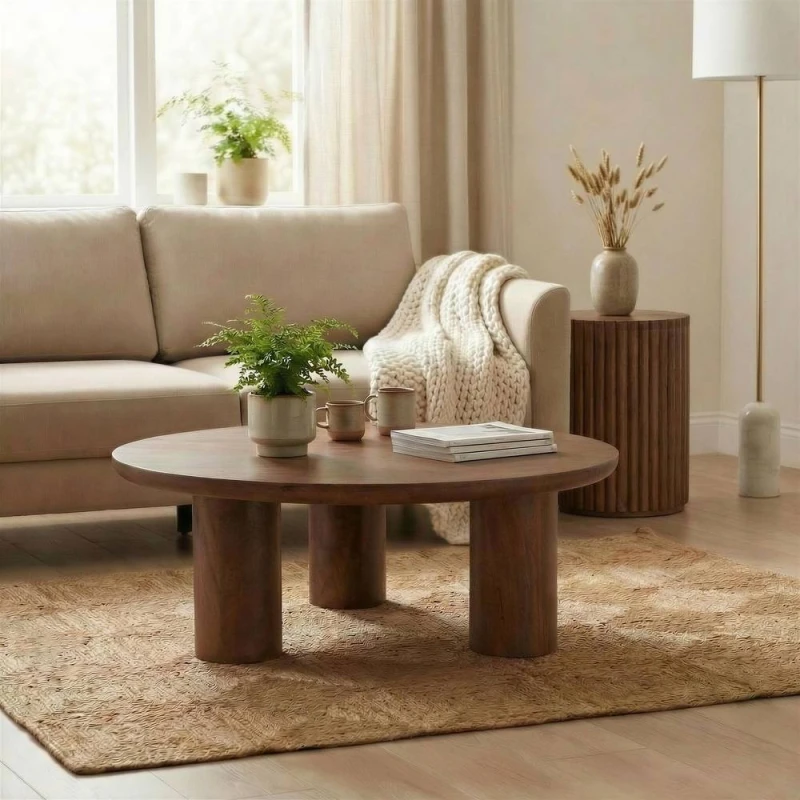 Image of FurnitureboxUK Teton Round Wood 3 Leg Coffee Table in Walnut Walnut Unisex