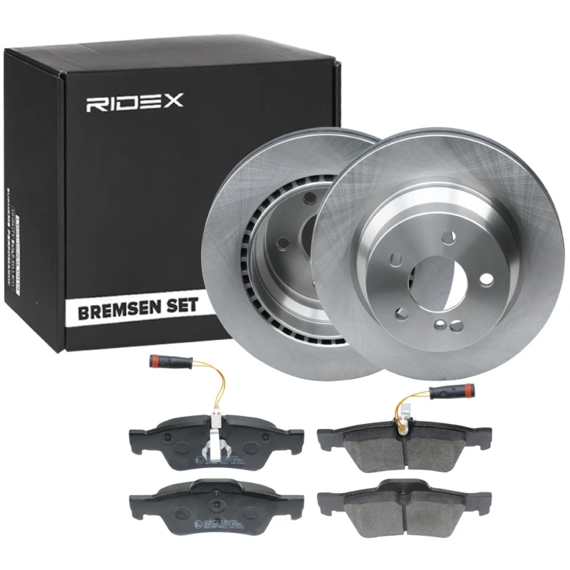 Image of RIDEX 3405B0299 Brake disc and pads set Rear Axle, Brake Disc Type: Vented, incl. wear warning contact Brake Set,disc brakes (3405)