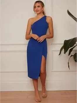 Image of Chi Chi London One Shoulder Split Detail Midi Dress In Blue Size 6, Women