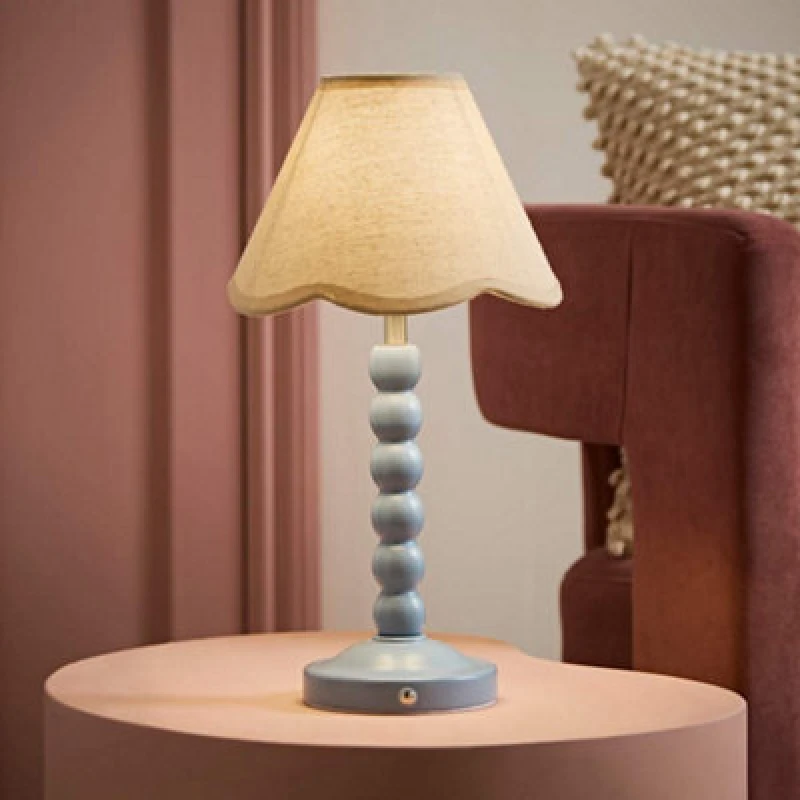 Image of Valuelights Bobble Linen Scallop Trim Shade Blue Rechargeable Wooden Table Lamp
