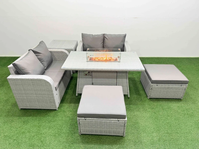 Image of Fimous 6 Seater Outdoor Love Sofa Set Rattan Garden Furniture Set with Firepit Dining Table 2 Footstool Side Table Light Grey Light Grey
