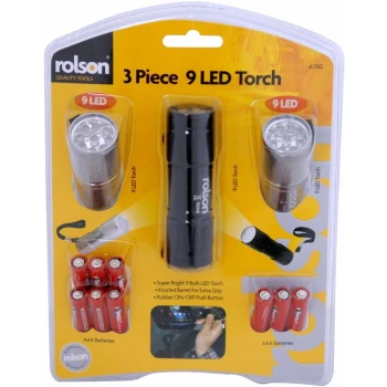 image of 61760 3pc 9 LED Aluminium Torch Set - Rolson