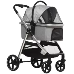 Image of PawHut 3-In-1 One Click Foldable Pet Stroller Detachable Dog Cat Travel Pushchair Car Seat with EVA Wheels Basket Safety Leash Cushion Light Grey