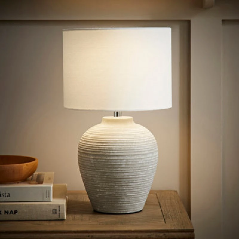 Image of ValueLights ValueLights Reid Linen Drum Lamp Shade Stone Grey Ribbed Ceramic Table Lamp Size: Small Grey Small Unisex 5016529271901