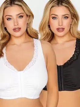 Image of Yours 2 Pack Lace Trim Front Fastening Bra, Black, Size 16, Women
