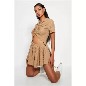 Image of I Saw It First Stone Textured Collared Short Sleeve Crop Top Co-Ord - Brown
