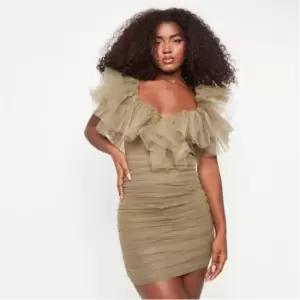 Image of Missguided Plunge Tulle Ruched Mini Dress - Green