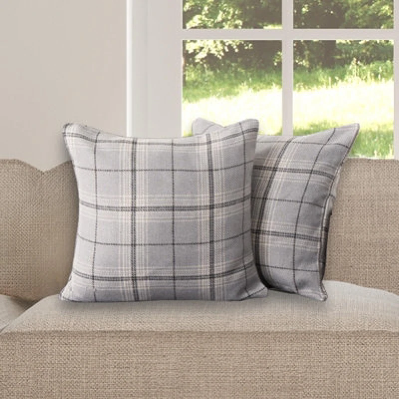 Image of OHS OHS 2 Pack Woven Check Cushion Covers Printed Soft in Grey Size: 45cm x 45cm Grey 45cm x 45cm Unisex 5027434179992