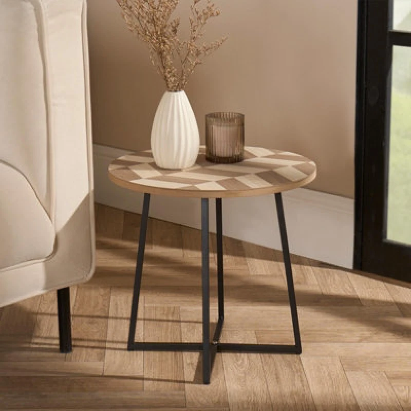 Image of OHS OHS Round Side Table Herringbone Living Room Home Console End Coffee Office Bedroom in Natural Natural One Size Unisex 5027434198368