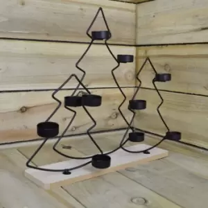 image of 38cm Black Christmas Tree Tealight Holder on Wooden Base