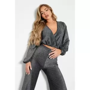 image of I Saw It First Glitter Wrap Front Crop Top - Grey