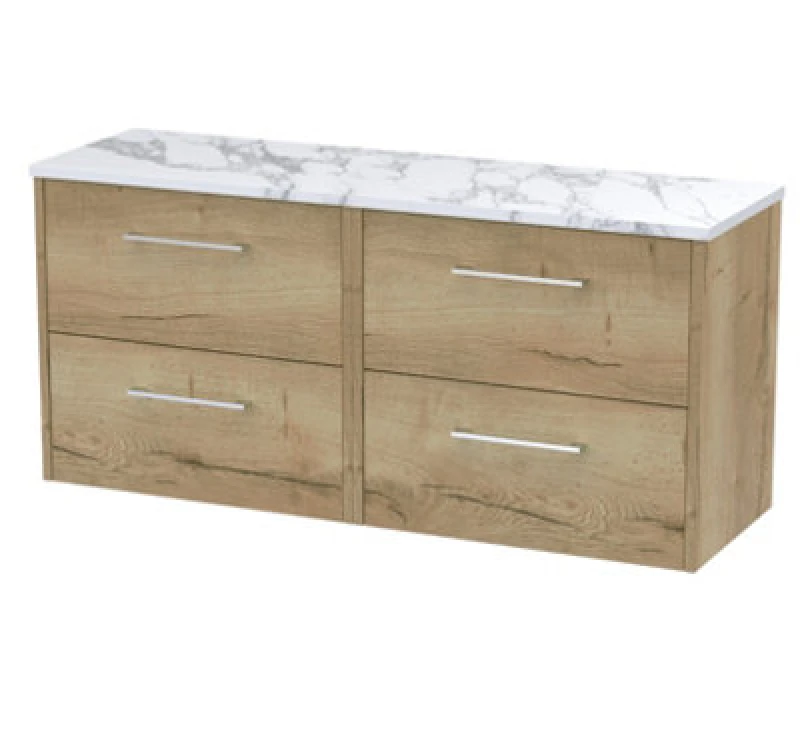 Image of Nuie Hudson Reed Juno Wall Hung 4-Drawer Vanity Unit & Carrera Marble Worktop, Countertop Basin Unit In Autumn Oak, 1200mm
