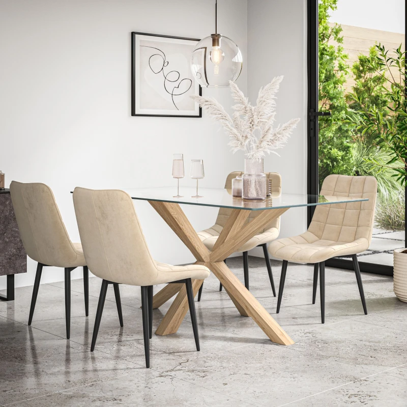 Image of More4Homes Etta Glass Dining Table And Chairs - Glass Top W Solid Oak Legs + Nova Velvet Dining Chair Set Of 4 (Beige)