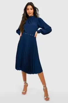 Image of Pleated High Neck Belted Midi Dress