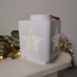 image of 140 x 185M White Metal Star Design Lantern With Glass Candle Pot and Copper Handle