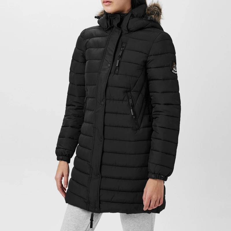 Image of Superdry Womens Super Fuji Faux Fur Hood Storm Long Sleeve Short Puffer Jacket Black 02A female 10 (S)