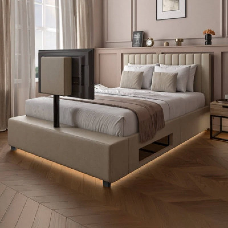 Image of X Rocker Xr Living Maisie Velvet TV Bed With Under Frame LED Lights - Double - Natural Stone