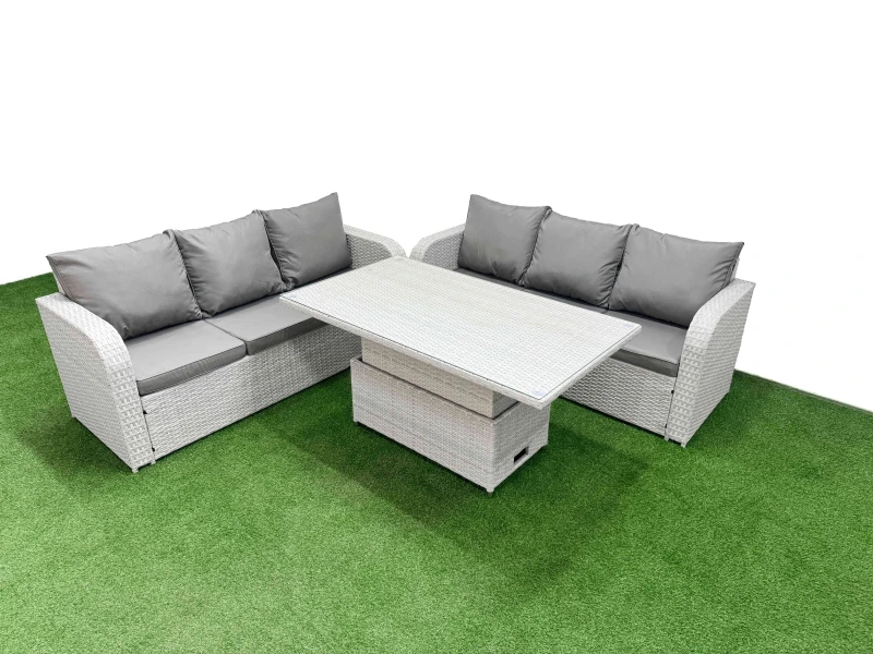 Image of Fimous Outdoor Garden Furniture Sets 6 Seater Wicker Rattan Furniture Sofa Sets with Adjustable Lifting Dining or Coffee Table high Back Lounge Sofa L