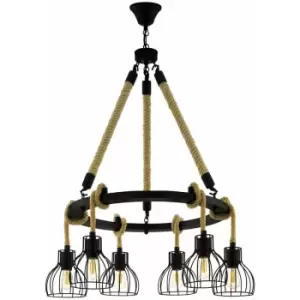 image of Hanging Ceiling Pendant Light Black & Rope 6x E27 Hallway Feature Chandelier