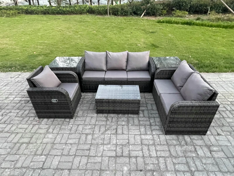 Image of Fimous Patio Garden Furniture Sets Wicker Outdoor Rattan Furniture Sofa Sets with Rectangular Coffee Table Reclining Chair Dark Grey