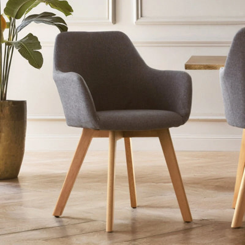 Image of Premier Housewares Stone Fabric Chair With Wood Legs, Backrest Dining Chair, Space-Saving Office Accent Chair with Upholstery Silver