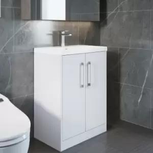 image of Hudson Reed Juno Floor Standing 2-Door Vanity Unit with Basin 4 600mm Wide - White Ash