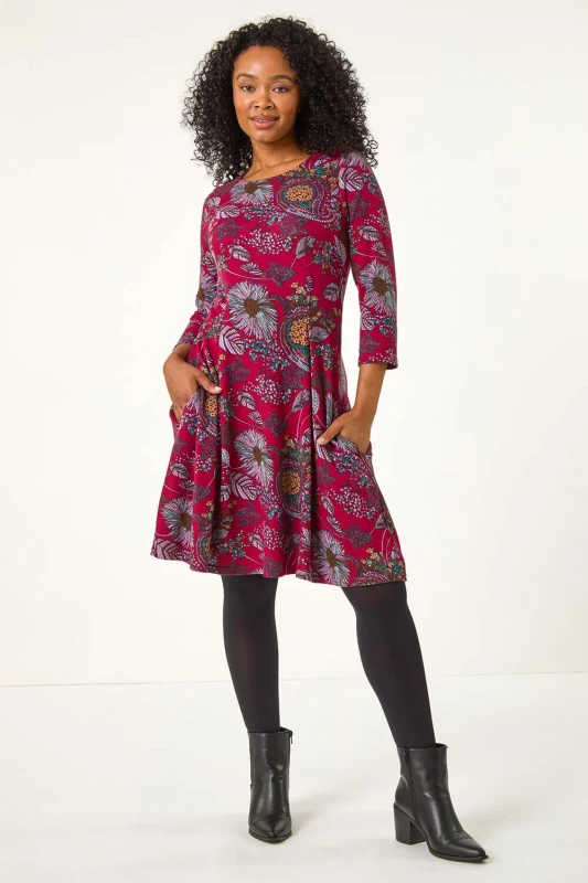 Image of Roman Petite Floral Print A-Line Stretch Dress Wine