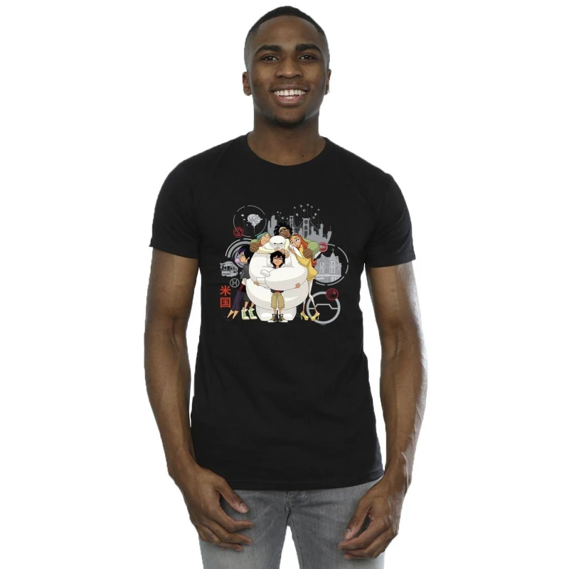 Image of Disney Men Big Hero 6 Baymax Group Hug T-Shirt in Black Size: Small Black S Male 5059934884007