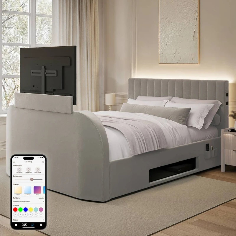 Image of X Rocker Maisie 5.1 Ottoman TV Lift Bed, Surround Sound & App Controlled LED in Grey Size: King Grey Unisex King