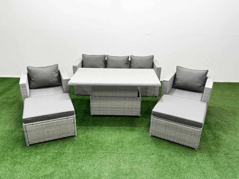 Image of Fimous 6 PCs Rising Dining Table Set Rattan Furniture Set with 2 Big Footstools in Light Grey Light Grey Unisex