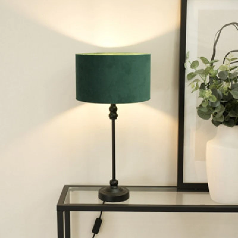Image of ValueLights Maggie Black Metal Candlestick Slim Table Lamp with Velvet Drum Lamp Shade Bottle Green