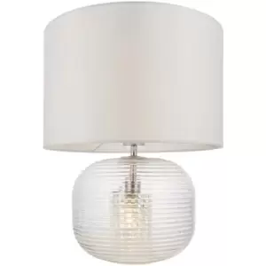 image of Clear Ribbed Glass Twin Lit Table Lamp Light & Vintage White Fabric Shade