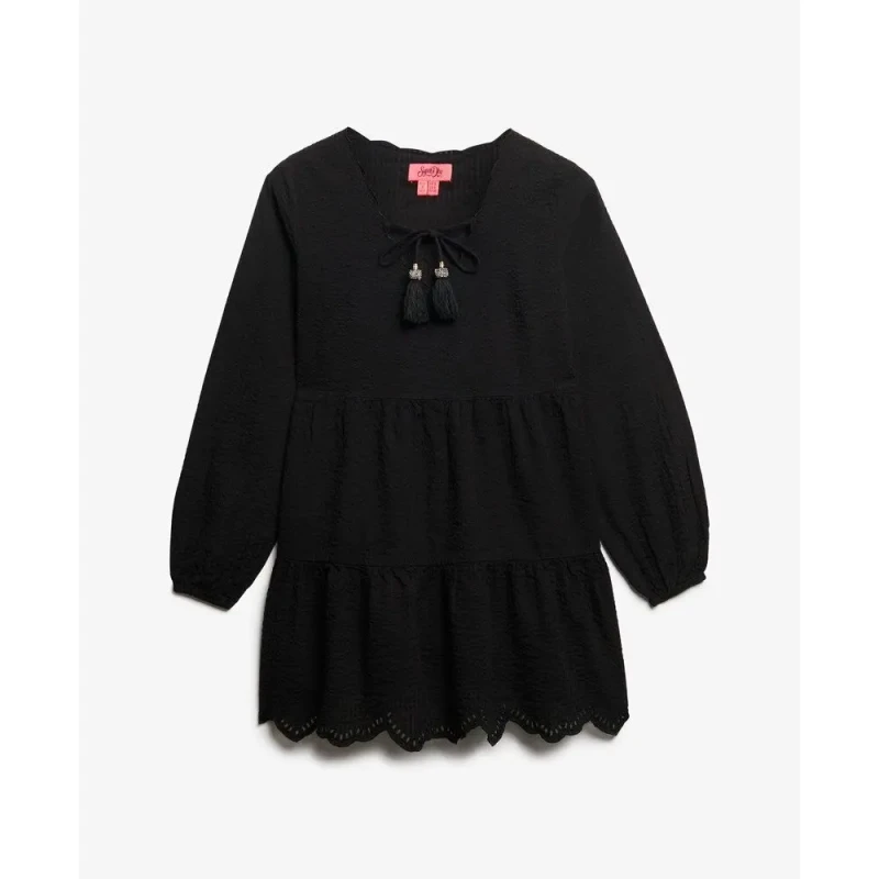 Image of Superdry Womens embroidered ruffle mini dress Superdry d Noir Female S