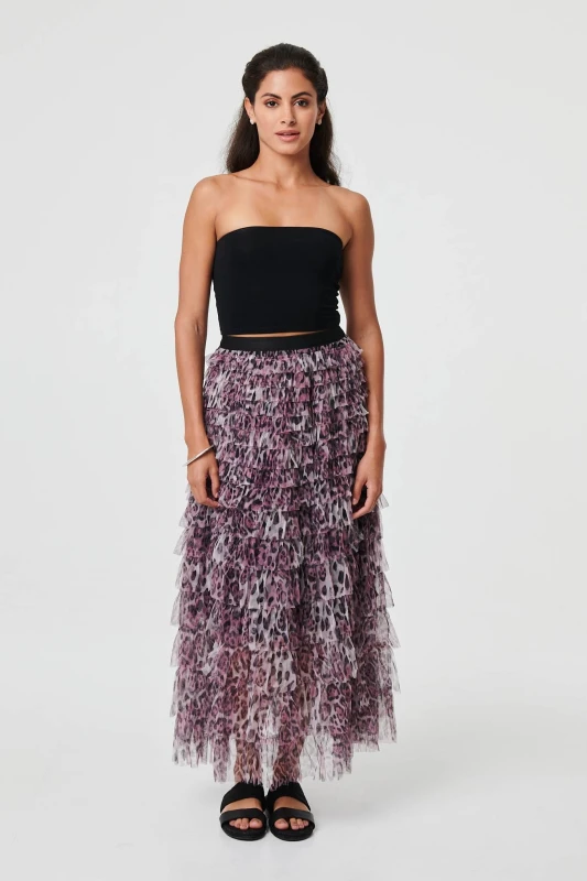 Image of Izabel London Womens Animal Print Semi Sheer Mesh Midi Skirt in Purple Size: Small Purple Female S