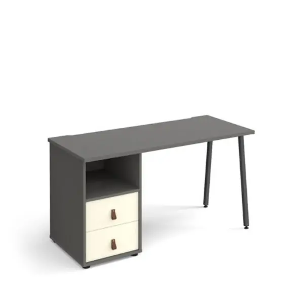 image of Sparta straight desk 1400mm x 600mm with A-frame leg and support pedestal with drawers - charcoal frame, grey finish with white drawers