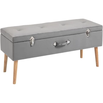 image of Homcom - 52x107cm Velvet-Touch Storage Ottoman w/ Top Seat Wood Legs Buttons Grey