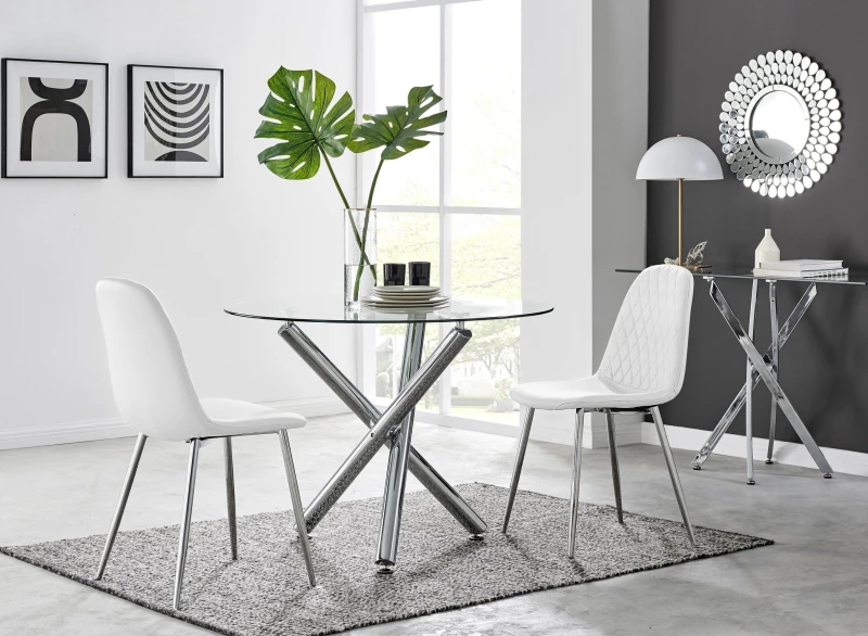 Image of FurnitureboxUK FurnitureboxUK Selina Round Glass Chrome Leg Dining Table and Corona Silver Leg Chairs in Off White Size: 2 Person Off White 2 Person