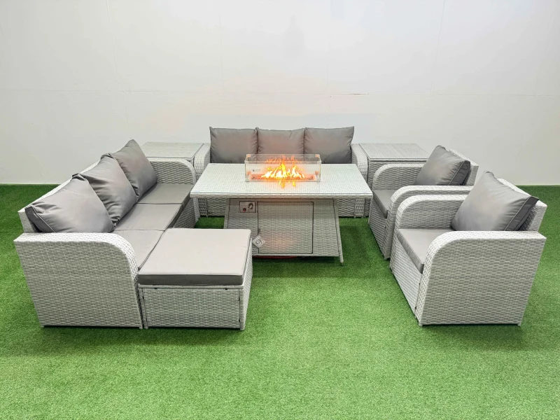 Image of Fimous PE Rattan High Back Lounge Sofa Set Patio Firepit Dining Table & Chairs Set with 3 Seater Sofa Reclining Chair Big Footstool 2 Side Table Light