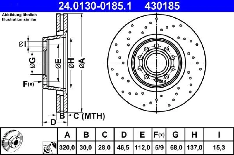 Image of ATE 24.0130-0185.1 Brake disc perforated/vented, Coated, High-carbon Brake Disc (82)