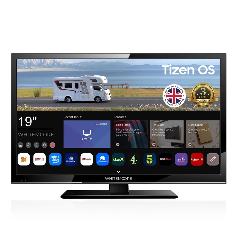 Image of Whitemoore 19” 12V/24V Smart TV – Tizen OS, WiFi, Freeview, Netflix, Prime, Airplay, HDMI/USB, for Caravan/Truck/Boat, 3-Year Warranty