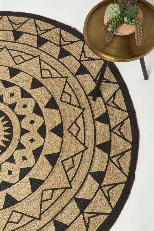 Image of Homescapes Natural & Black Mandala Braided Jute Rug Size: 120cm diameter Natural Unisex 120cm diameter
