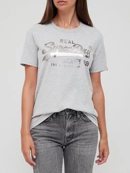Image of Superdry Vintage Logo Sparkle Tee - Grey, Size 10, Women