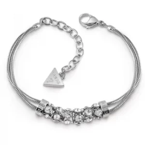 image of GUESS rhodium plated double-bracelet with centred pav Swarovski crystal bar.