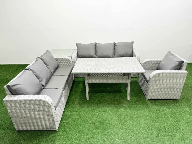 Image of Fimous 7 Seater Poly Rattan Outdoor Garden Furniture Rectangular Dining Table Sofa Set Patio 3 Seater Sofa Reclining Chair 3 Seater Sofa Side Table Li