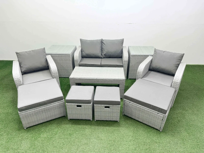 Image of Fimous Pe Wicker Rattan Furniture Sofa Sets With Oblong Coffee Table Love Sofa Reclining Chair 2 Side Table 4 Stools