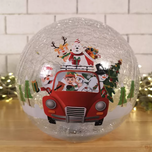 Image of 15cm Battery Operated Twinkling Warm White LED Crackle Effect Ball Decoration with Santa and Friends in Car
