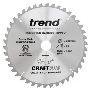 Image of Trend CRAFTPRO Wood Cutting Mitre Saw Blade 250mm 42T 30mm