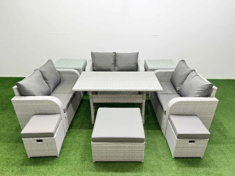 Image of Fimous 9 Seater PE Wicker Rattan Furniture Sofa Sets with Rectangular Dining Table 2 Seater Love Sofa 3 Stool 2 Side Table Light Grey Light Grey